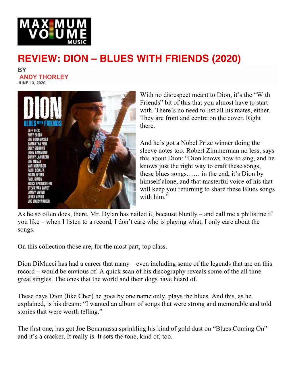 Review: Dion – Blues with Friends (2020) by Andy Thorley June 13, 2020