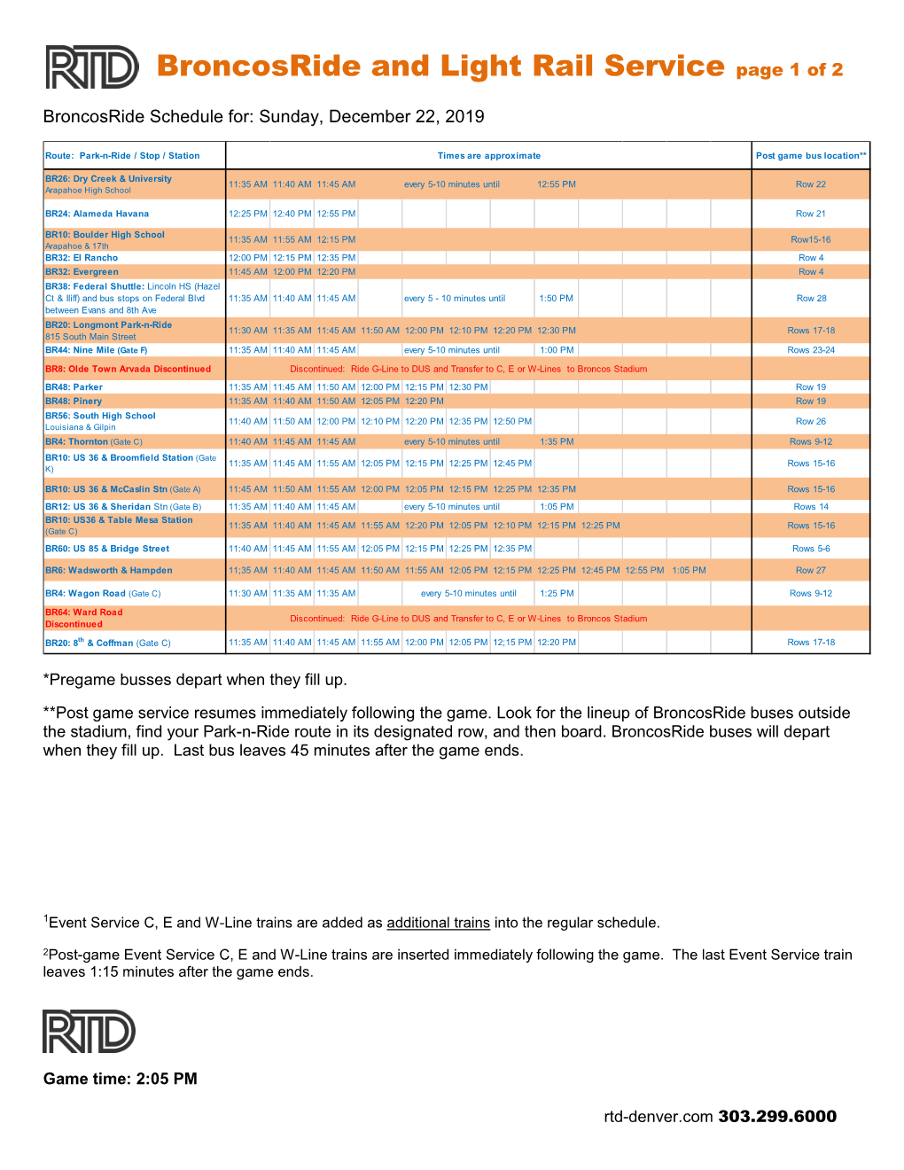 Broncosride Pickup Schedule for December 22, 2019