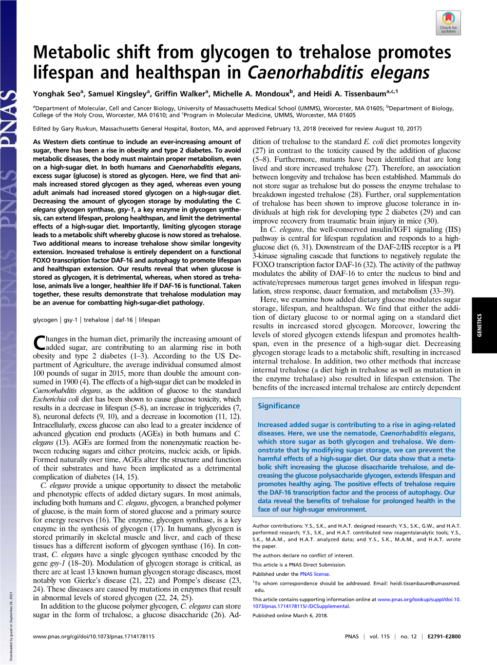 Metabolic Shift from Glycogen to Trehalose Promotes Lifespan and Healthspan in Caenorhabditis Elegans