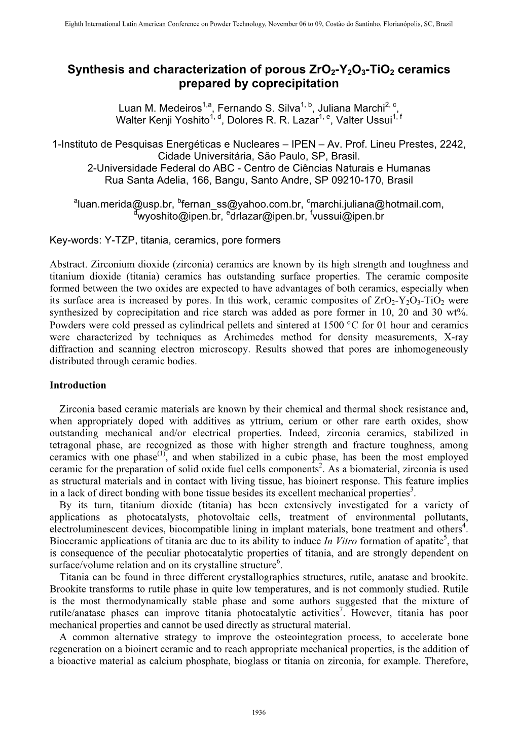 Synthesis and Characterization of Porous Zro2-Y2O3-Tio2 Ceramics Prepared by Coprecipitation