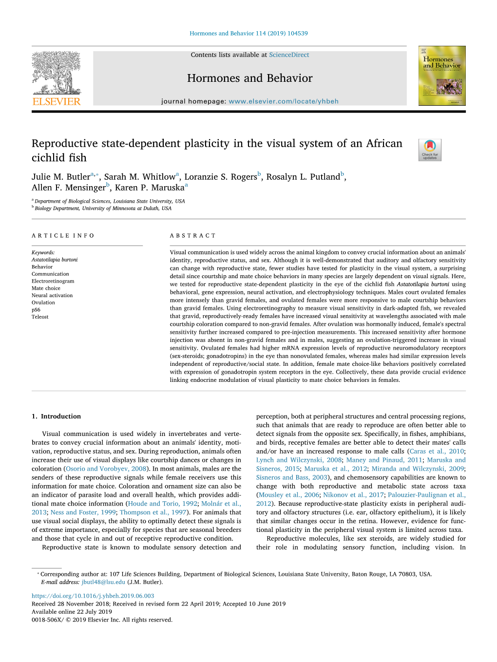 Reproductive State-Dependent Plasticity in the Visual System of an African Cichlid ﬁsh T ⁎ Julie M