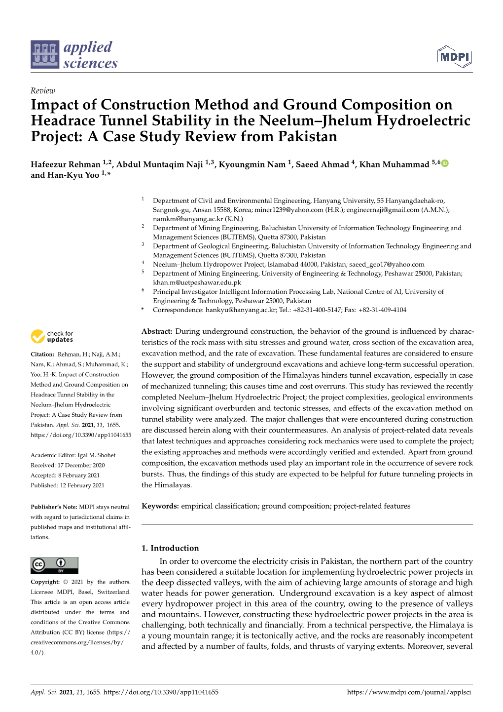 Impact of Construction Method and Ground Composition on Headrace Tunnel Stability in the Neelum–Jhelum Hydroelectric Project: a Case Study Review from Pakistan