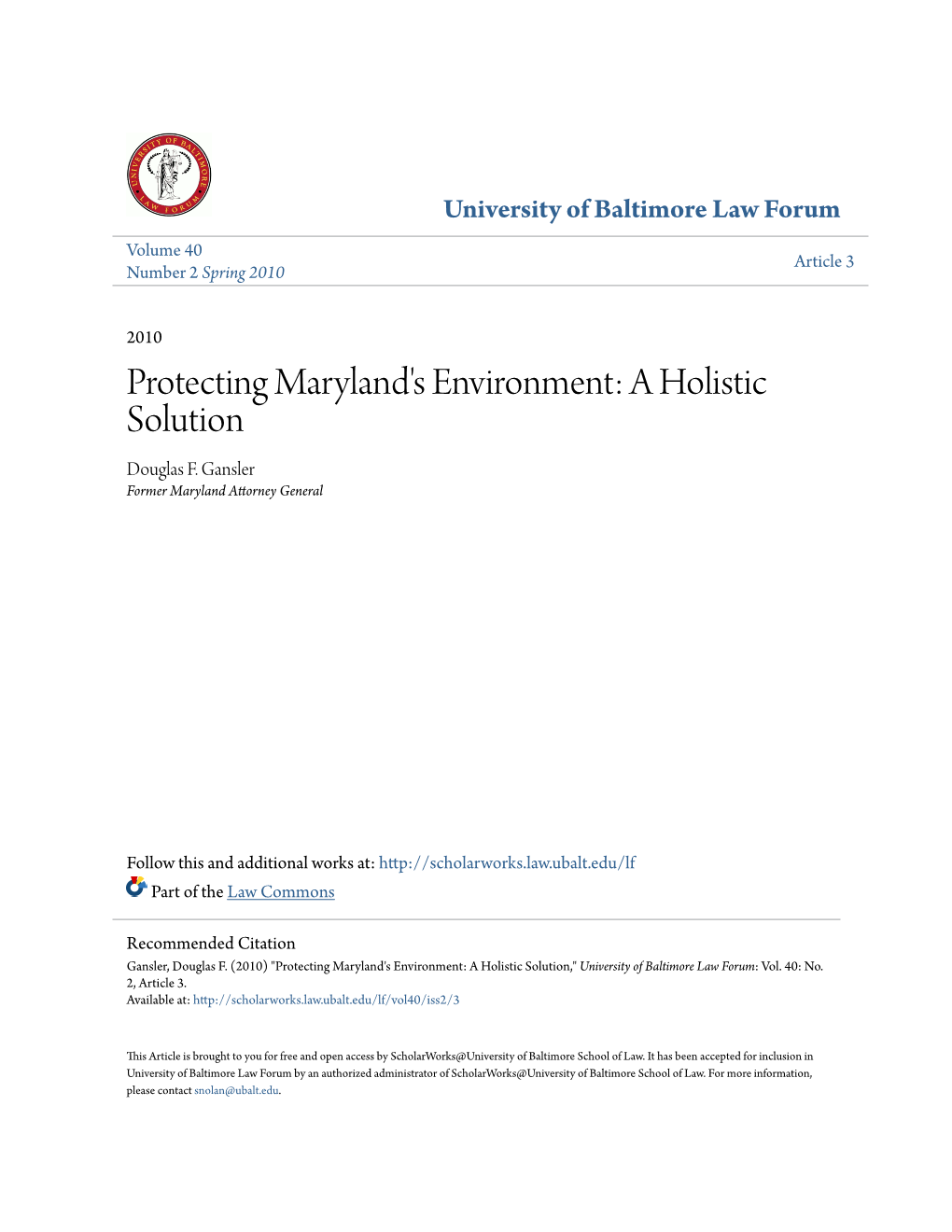 Protecting Maryland's Environment: a Holistic Solution Douglas F