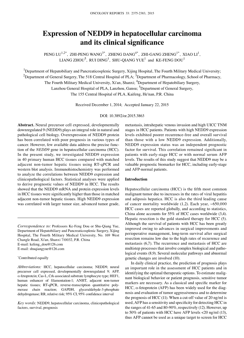 Expression of NEDD9 in Hepatocellular Carcinoma and Its Clinical Significance