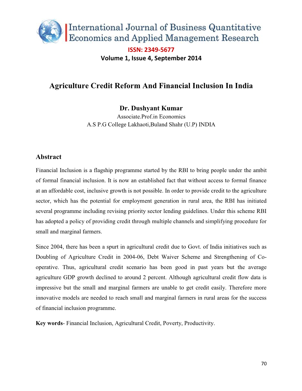 Agriculture Credit Reform and Financial Inclusion in India