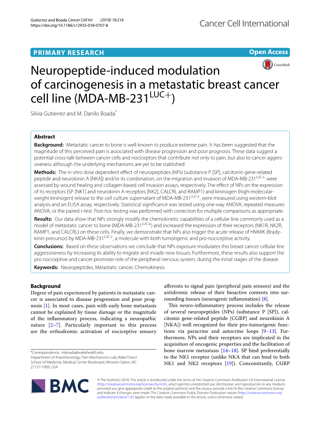 Neuropeptide-Induced Modulation of Carcinogenesis in a Metastatic Breast Cancer Cell Line (MDA-MB-231LUC+)