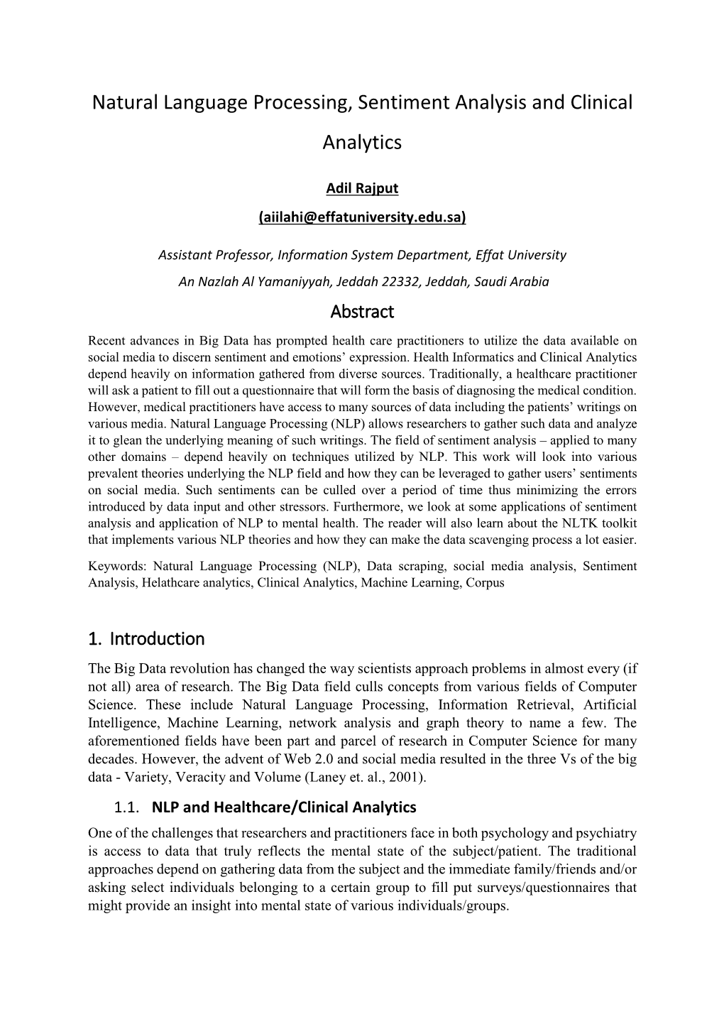 Natural Language Processing, Sentiment Analysis and Clinical Analytics