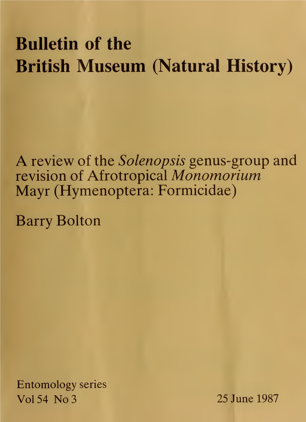 Bulletin of the British Museum (Natural History) Entomology