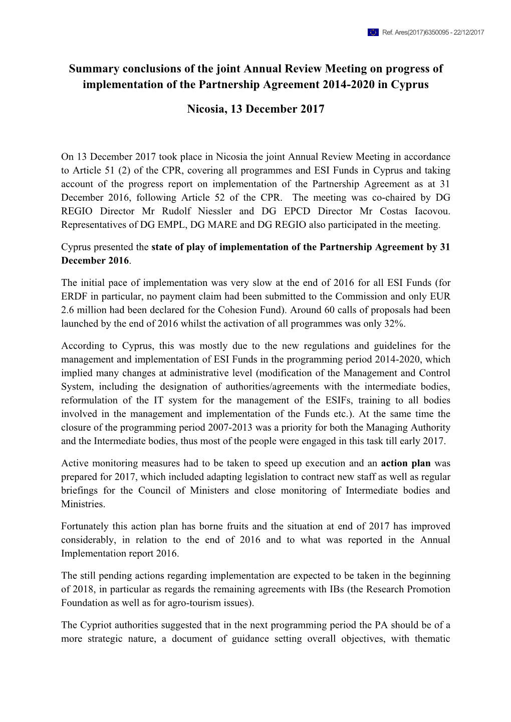 Summary Conclusions of the Joint Annual Review Meeting on Progress of Implementation of the Partnership Agreement 2014-2020 in Cyprus