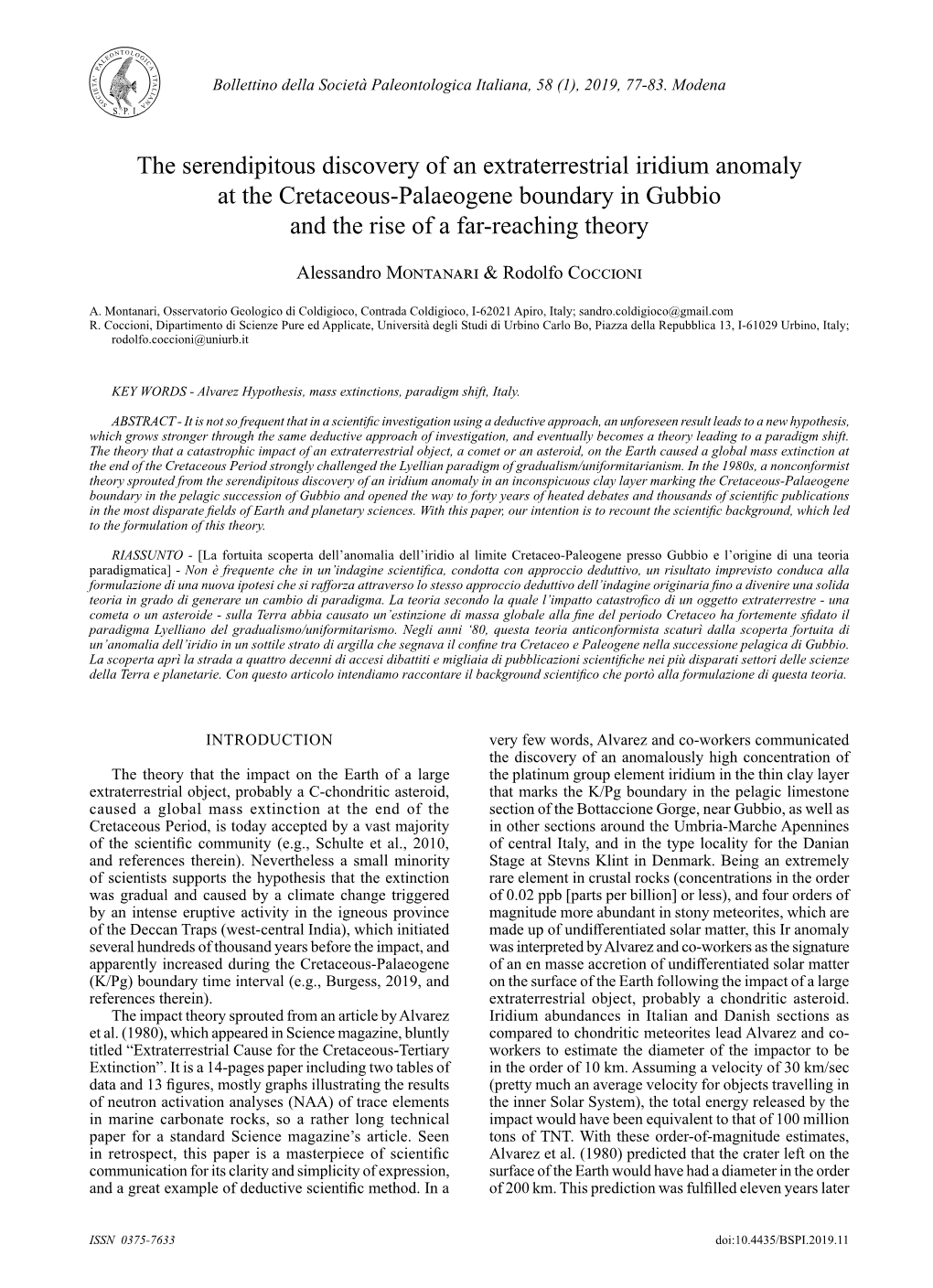 The Serendipitous Discovery of an Extraterrestrial Iridium Anomaly at the Cretaceous-Palaeogene Boundary in Gubbio and the Rise of a Far-Reaching Theory