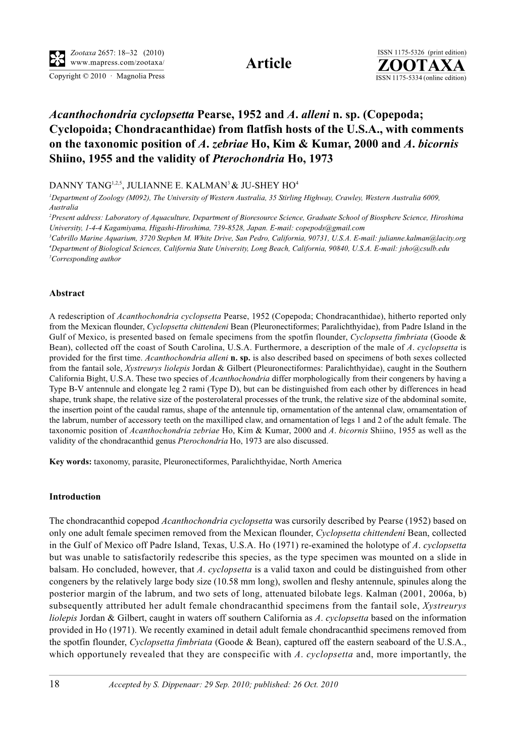 Acanthochondria Cyclopsetta Pearse, 1952 and A. Alleni N. Sp. (Copepoda; Cyclopoida; Chondracanthidae) from Flatfish Hosts of Th