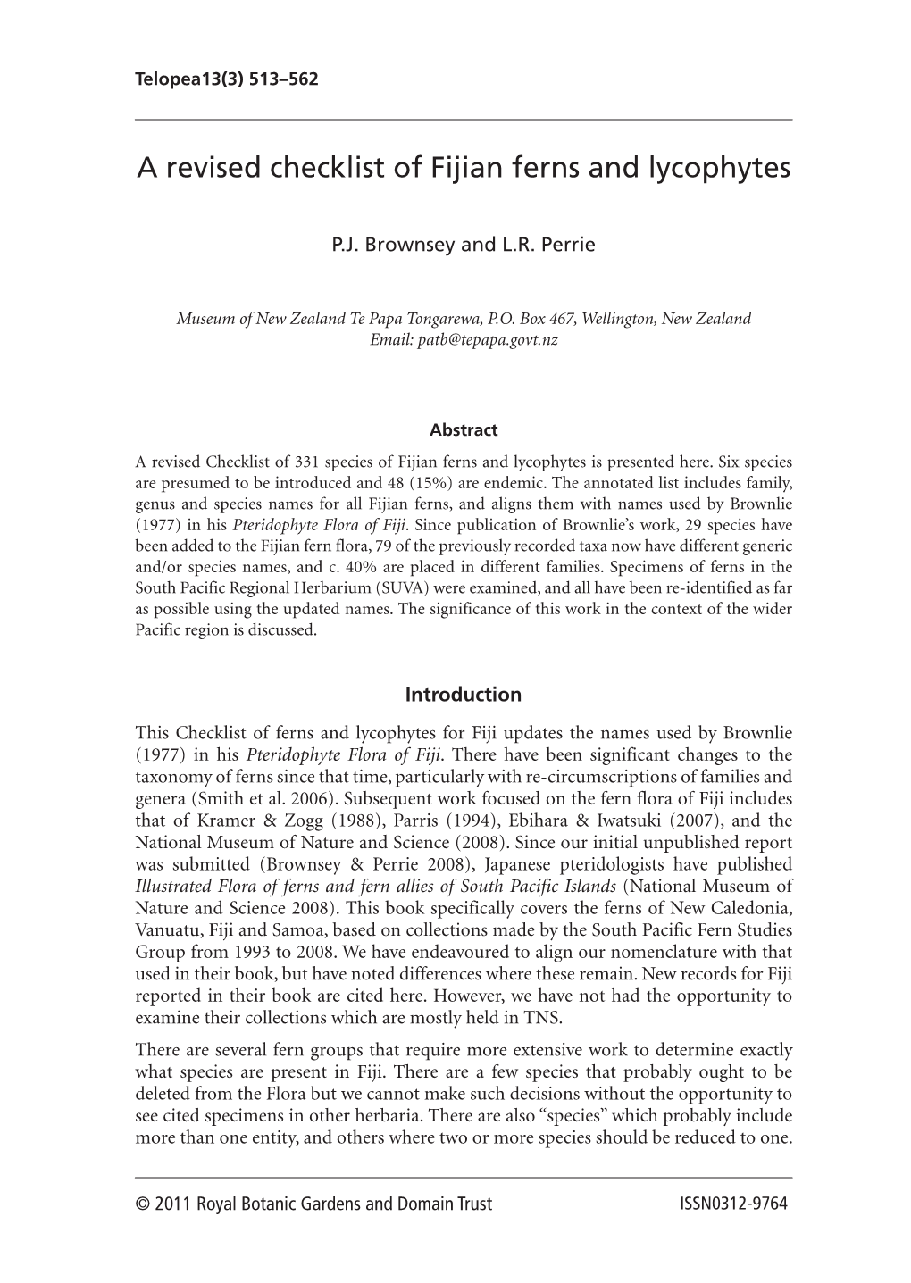 A Revised Checklist of Fijian Ferns and Lycophytes