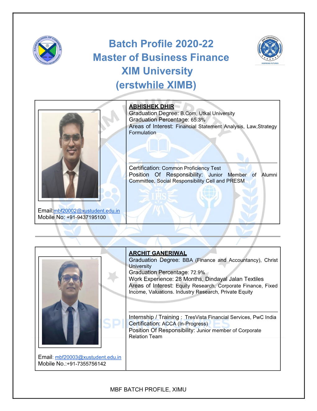 Batch Profile 2020-22 Master of Business Finance XIM University (Erstwhile XIMB)