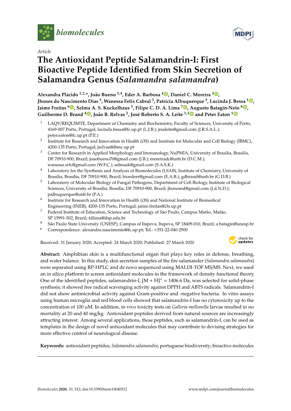 The Antioxidant Peptide Salamandrin-I: First Bioactive Peptide Identiﬁed from Skin Secretion of Salamandra Genus (Salamandra Salamandra)