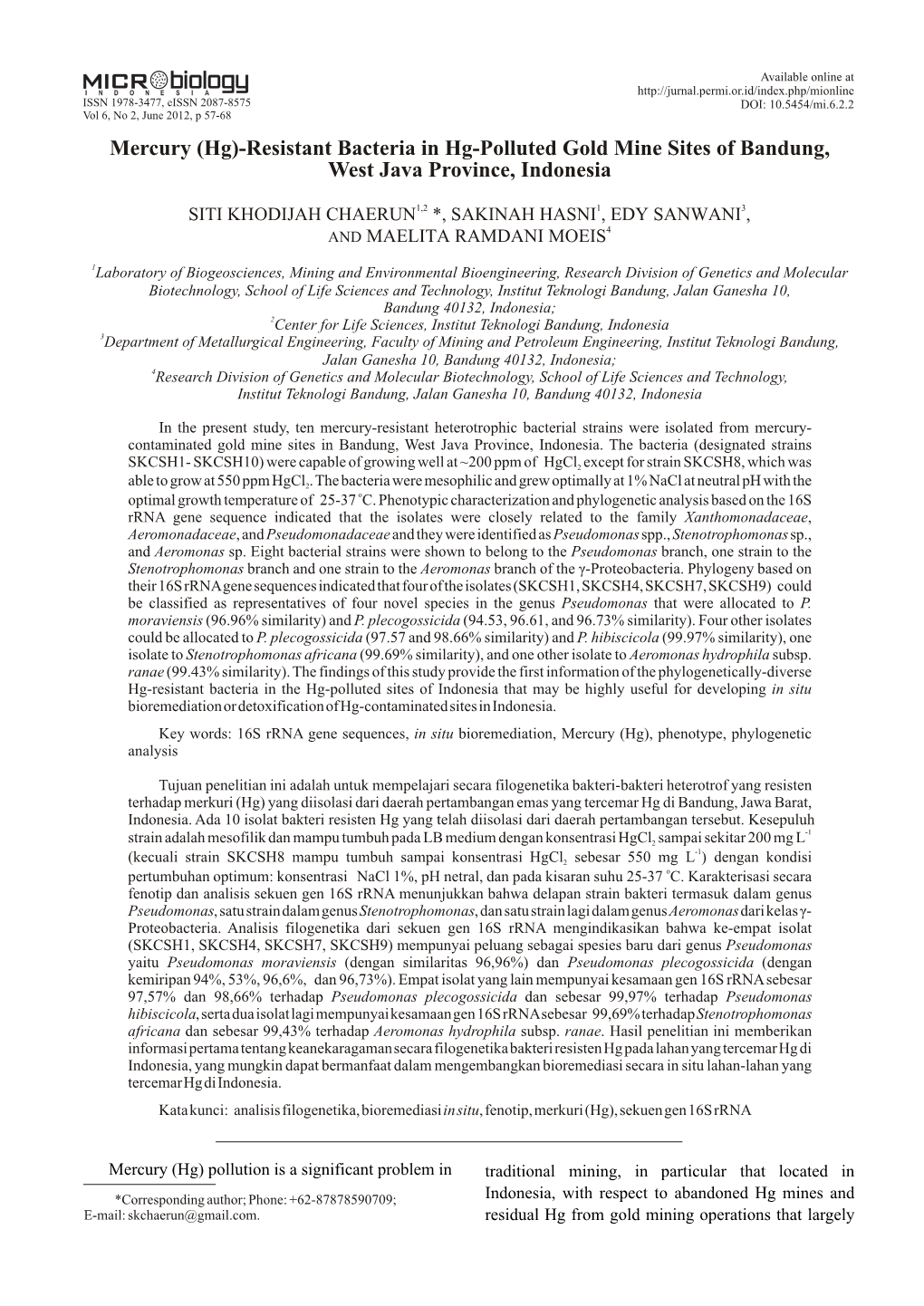 Resistant Bacteria in Hg-Polluted Gold Mine Sites of Bandung, West Java Province, Indonesia