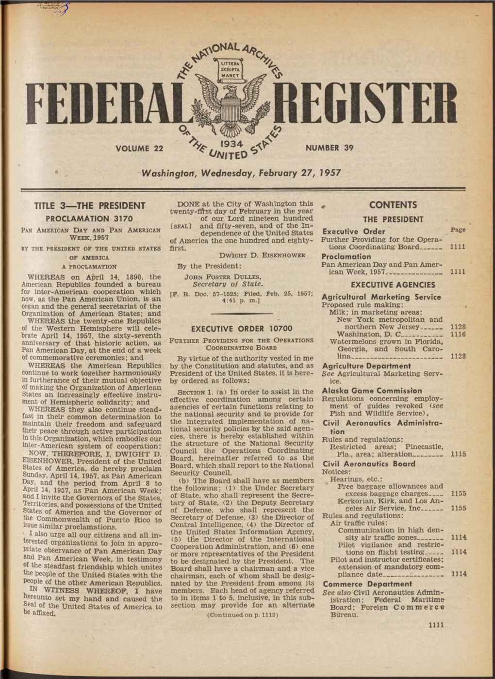 Washington, Wednesday, February 27, 1957 TITLE 3—THE PRESIDENT , CONTENTS