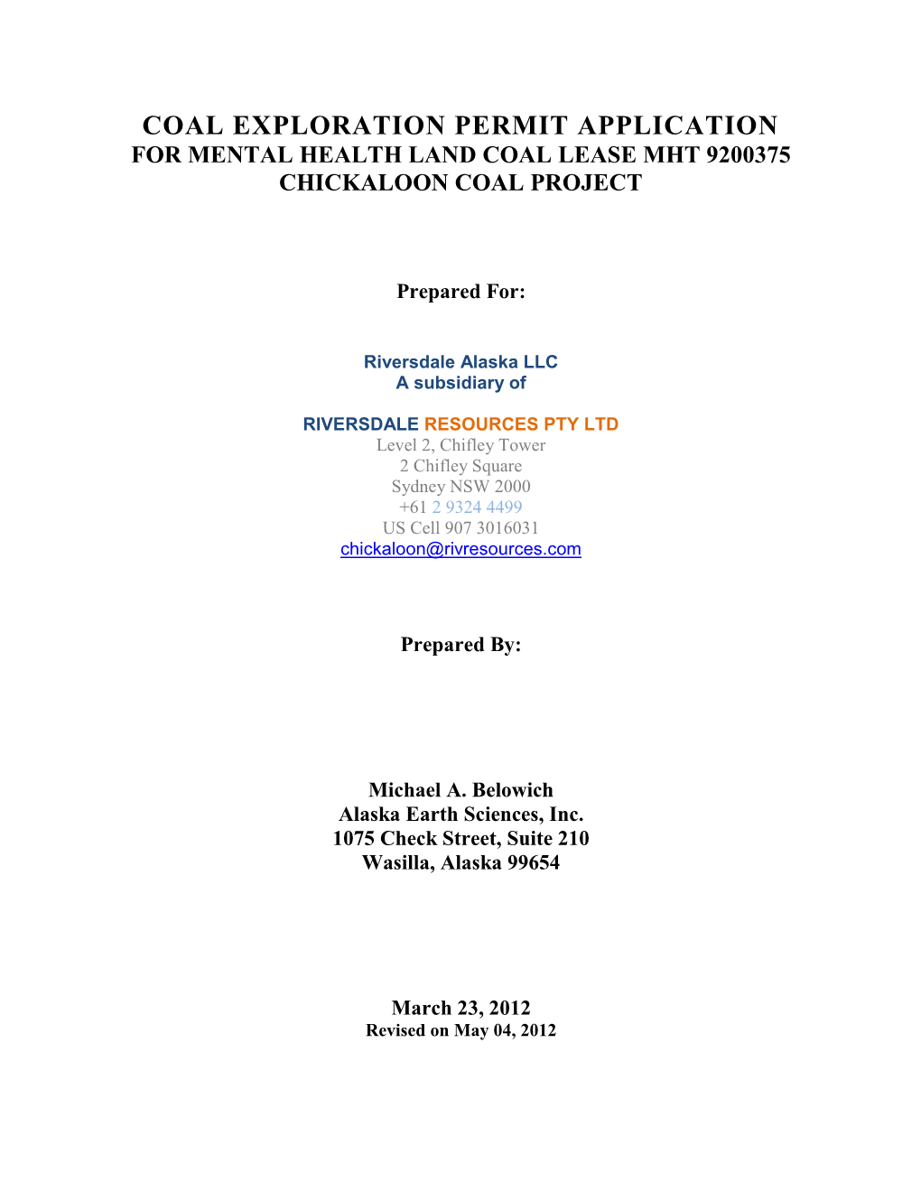 Coal Exploration Permit Application for Mental Health Land Coal Lease Mht 9200375 Chickaloon Coal Project