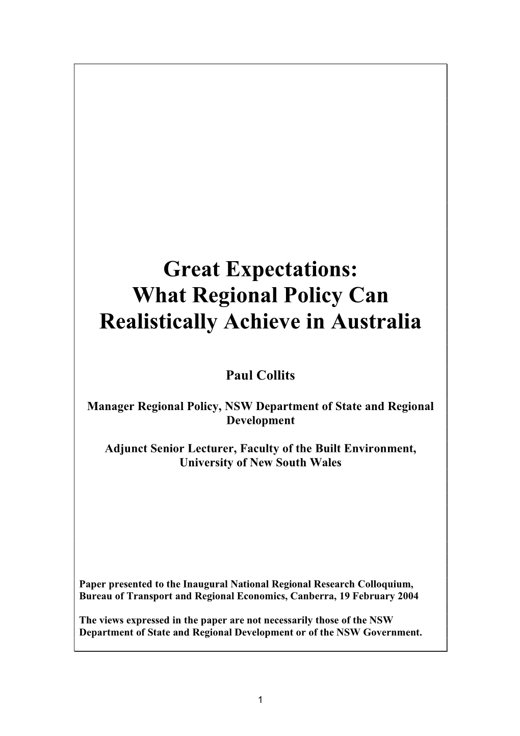 Great Expectations: What Regional Policy Can Realistically Achieve in Australia