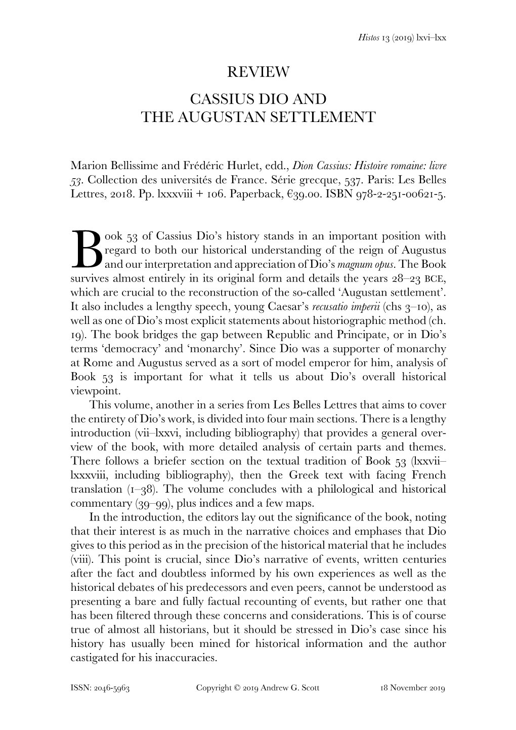 Cassius Dio and the Augustan Settlement