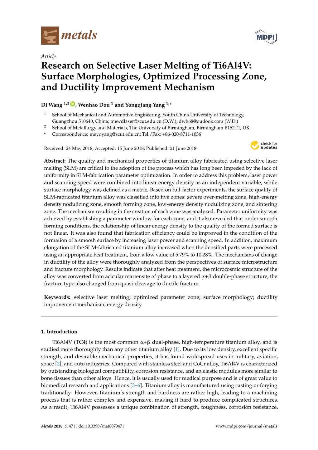 Research on Selective Laser Melting of Ti6al4v: Surface Morphologies, Optimized Processing Zone, and Ductility Improvement Mechanism