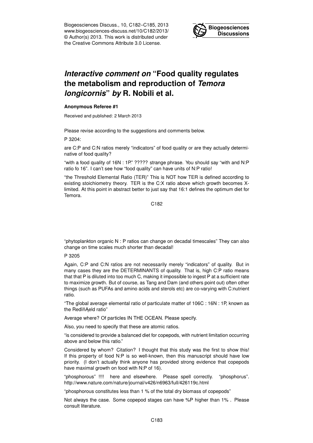 Interactive Comment on “Food Quality Regulates the Metabolism and Reproduction of Temora Longicornis” by R