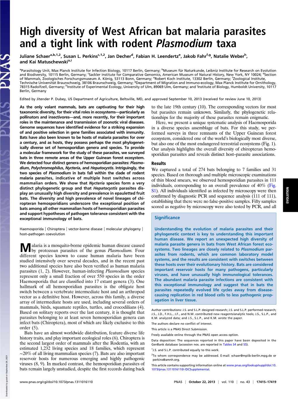 High Diversity of West African Bat Malaria Parasites and a Tight Link with Rodent Plasmodium Taxa