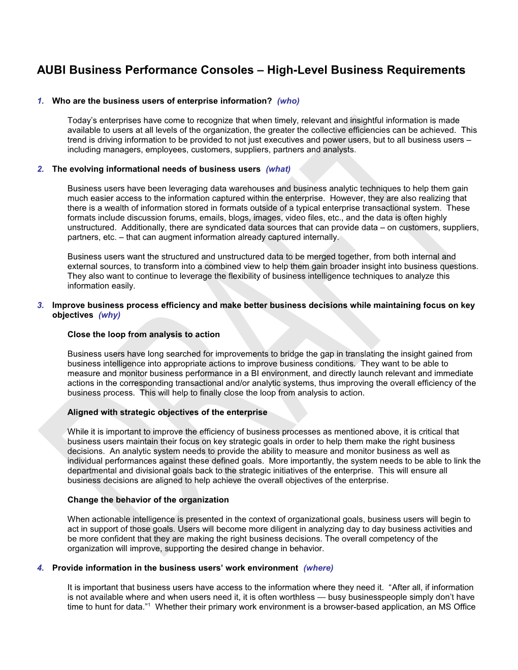 AUBI Business Performance Consoles High-Level Business Requirements
