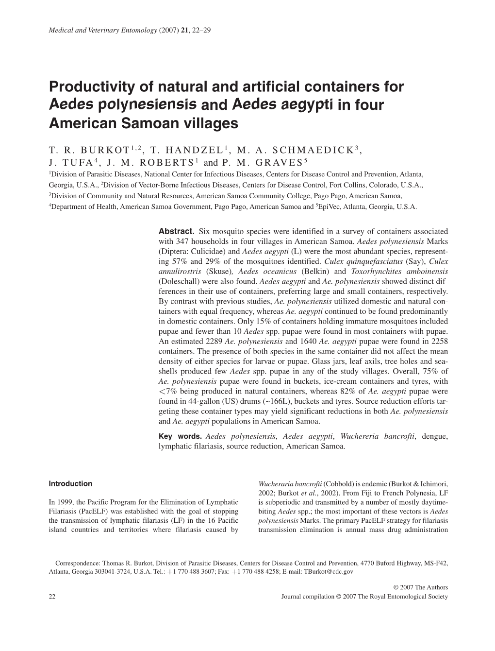 Productivity of Natural and Artificial Containers for Aedes Polynesiensis and Aedes Aegypti in Four American Samoan Villages