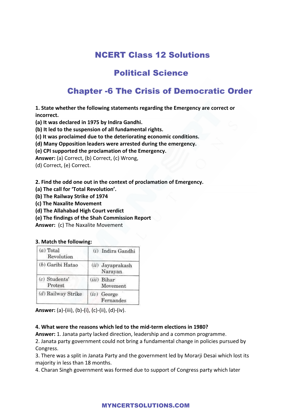 NCERT Class 12 Solutions Political Science Chapter -6 the Crisis Of
