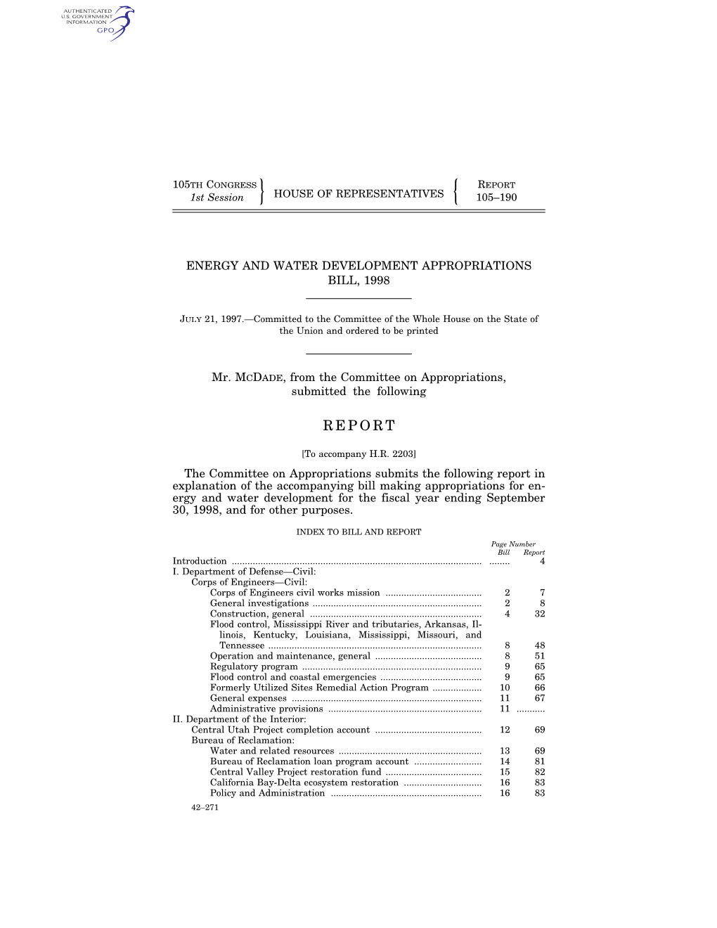 REPORT 1St Session HOUSE of REPRESENTATIVES 105–190 