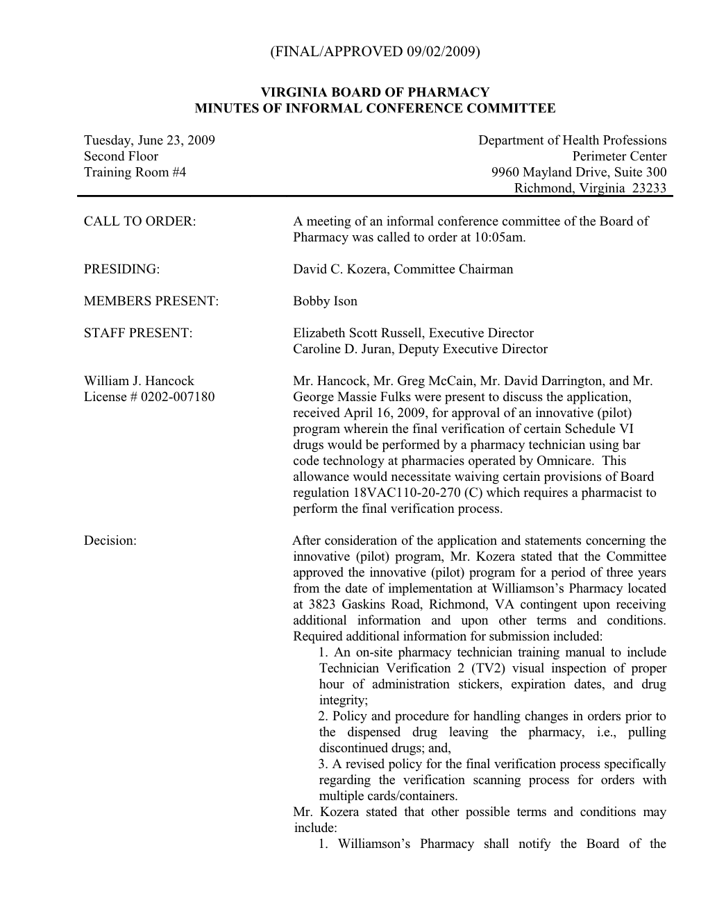 Virginia Board of Pharmacy ICC Minutes 06-19-2008