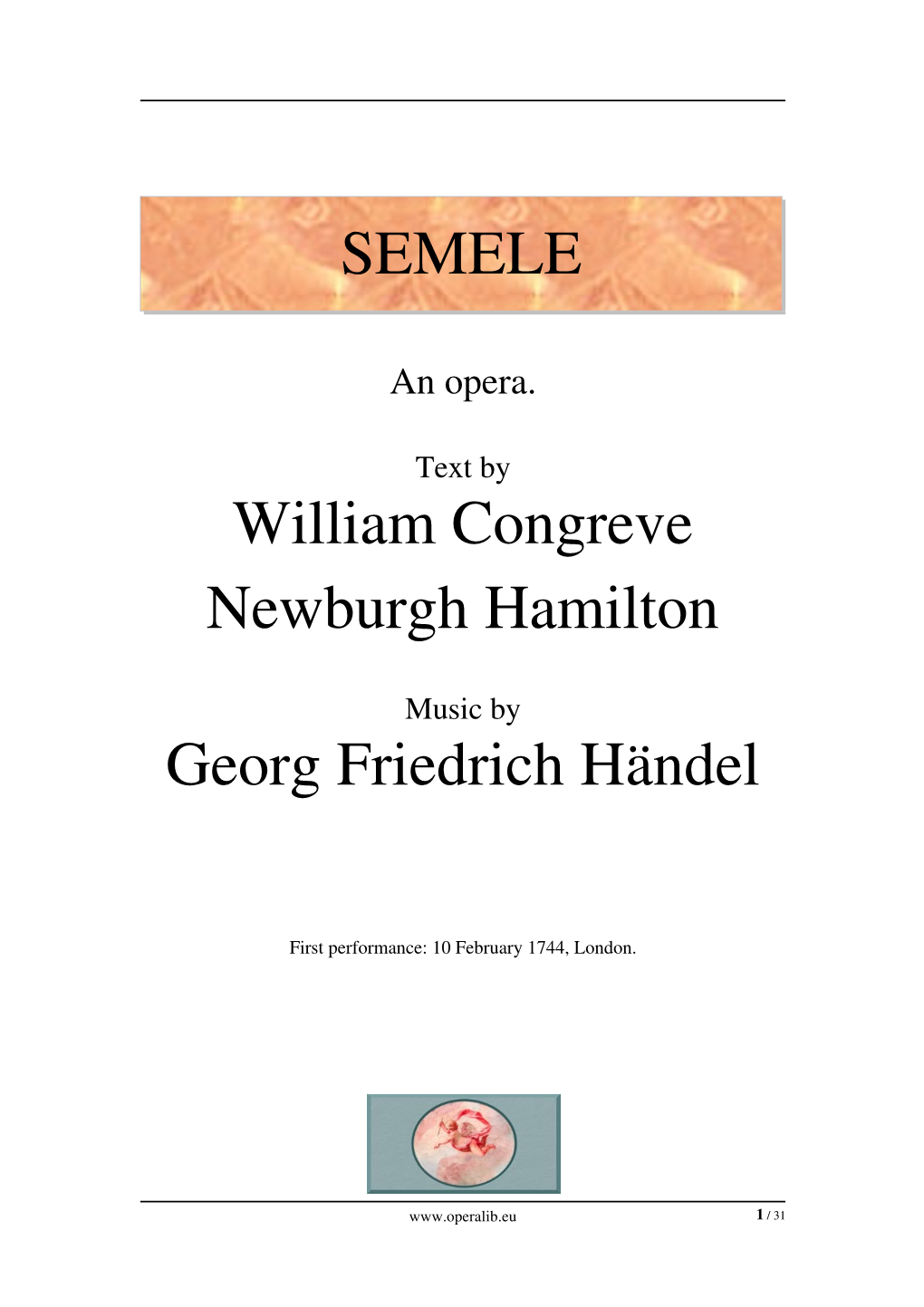 SEMELE William Congreve Newburgh Hamilton Georg Friedrich Hфndel