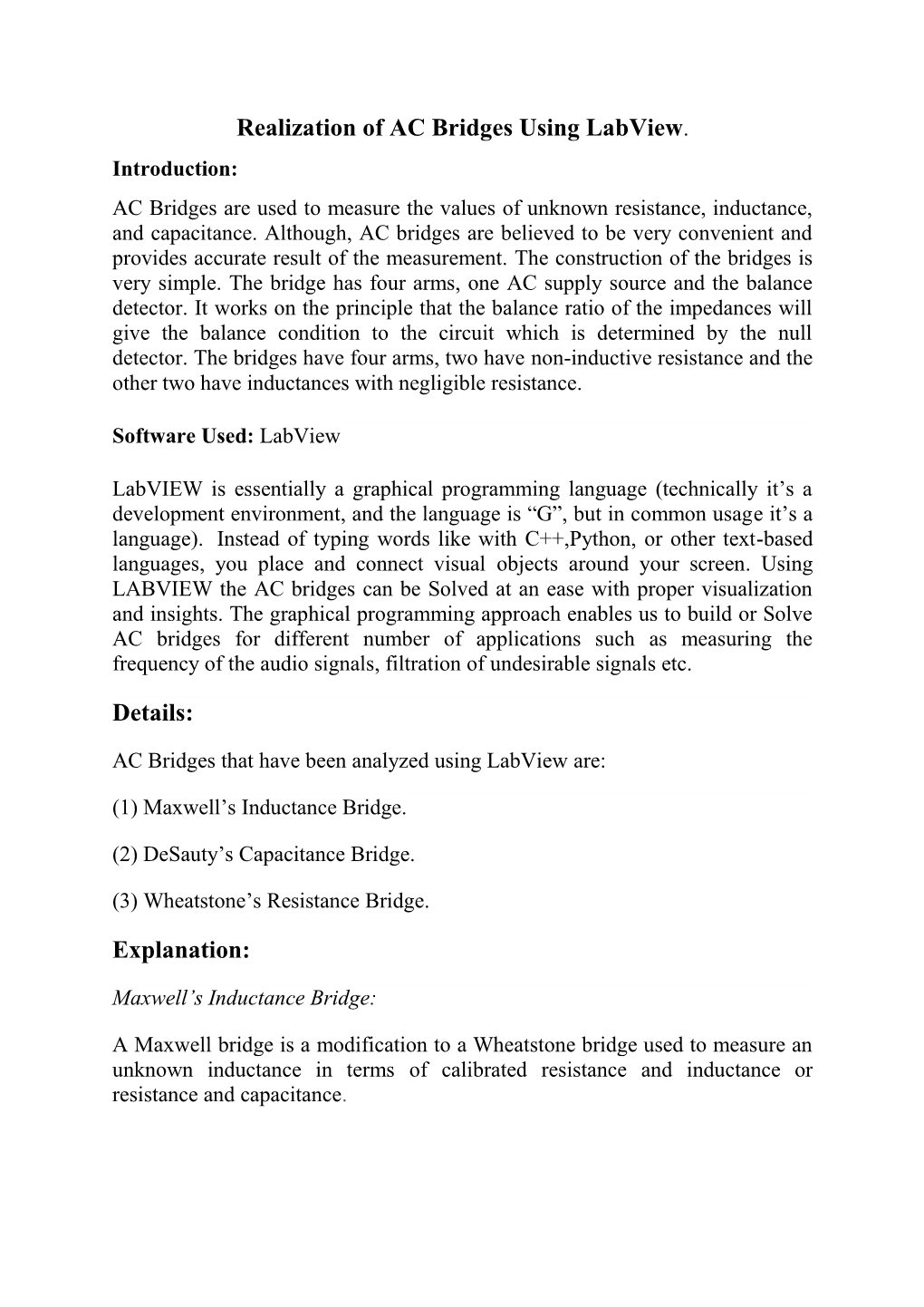 Realization of AC Bridges Using Labview. Details: Explanation