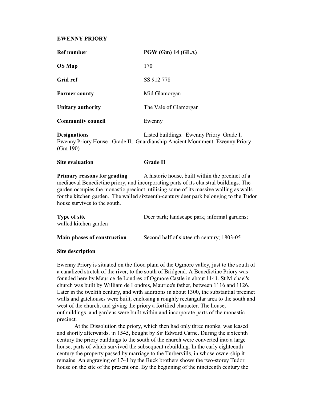 EWENNY PRIORY Ref Number PGW (Gm) 14 (GLA) OS Map 170 Grid Ref