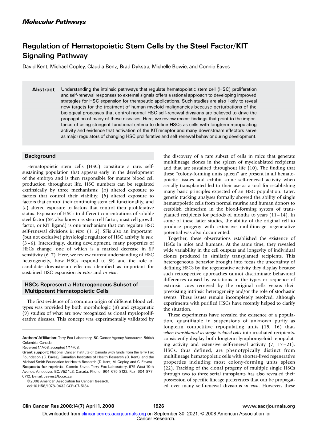 Regulation of Hematopoietic Stem Cells by the Steel Factor/KIT