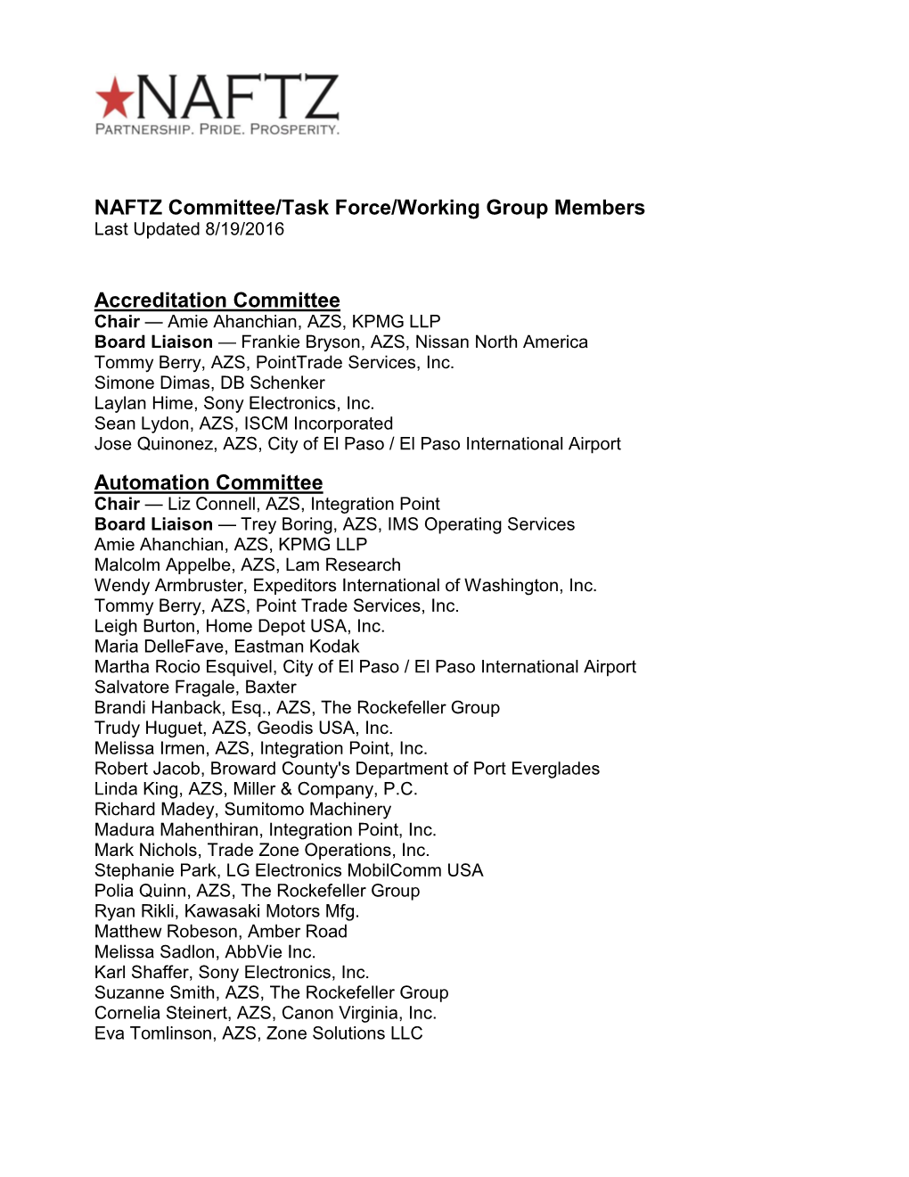 NAFTZ Committee List (As of 8/27/2012)