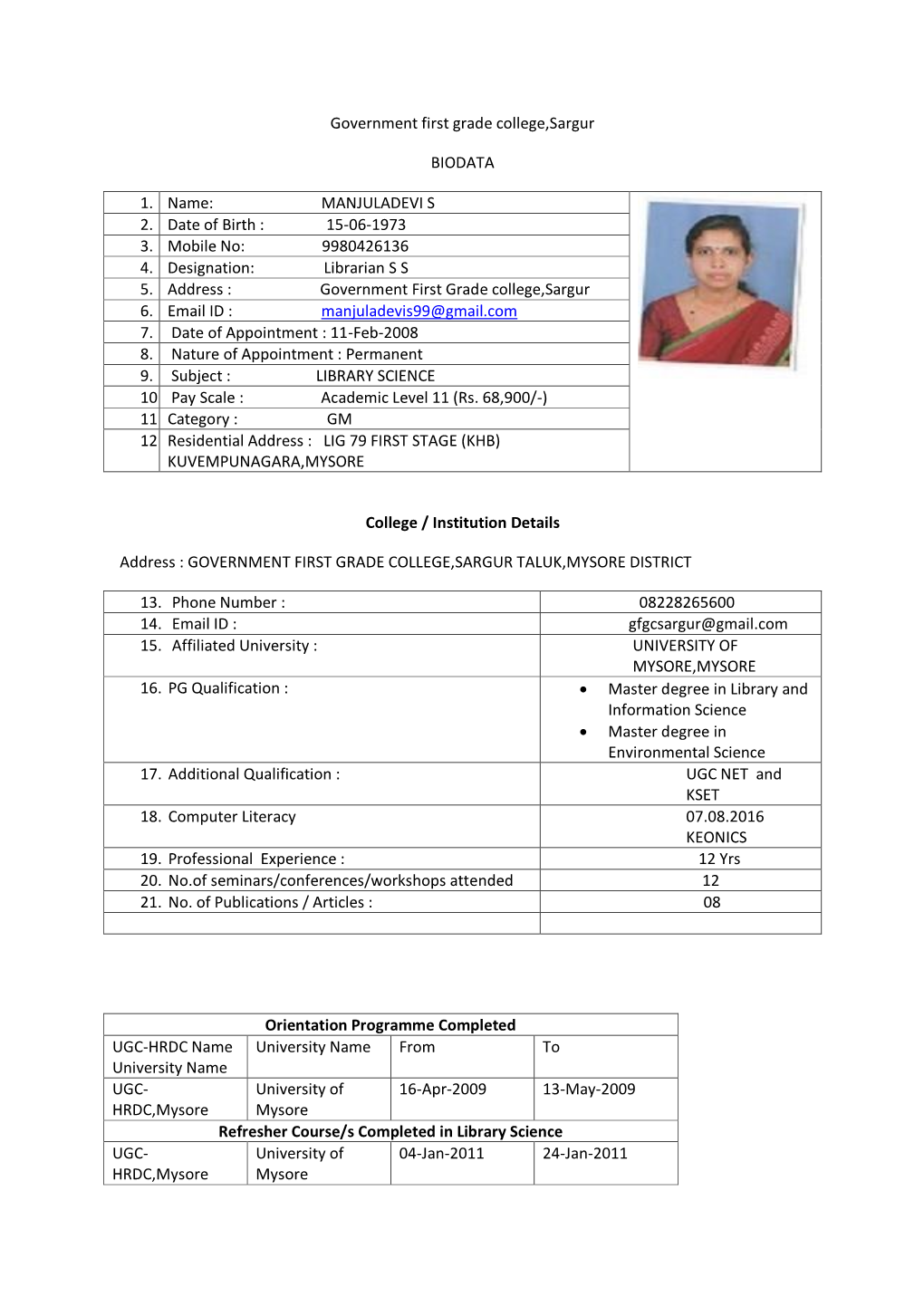 Government First Grade College,Sargur BIODATA 1. Name: MANJULADEVI S 2. Date of Birth : 15-06-1973 3. Mobile No