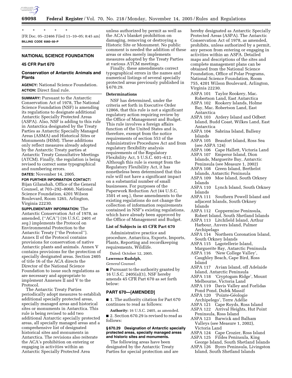 Federal Register/Vol. 70, No. 218/Monday, November 14, 2005