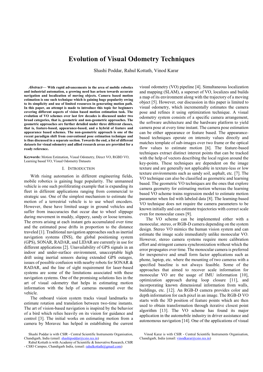 Evolution of Visual Odometry Techniques