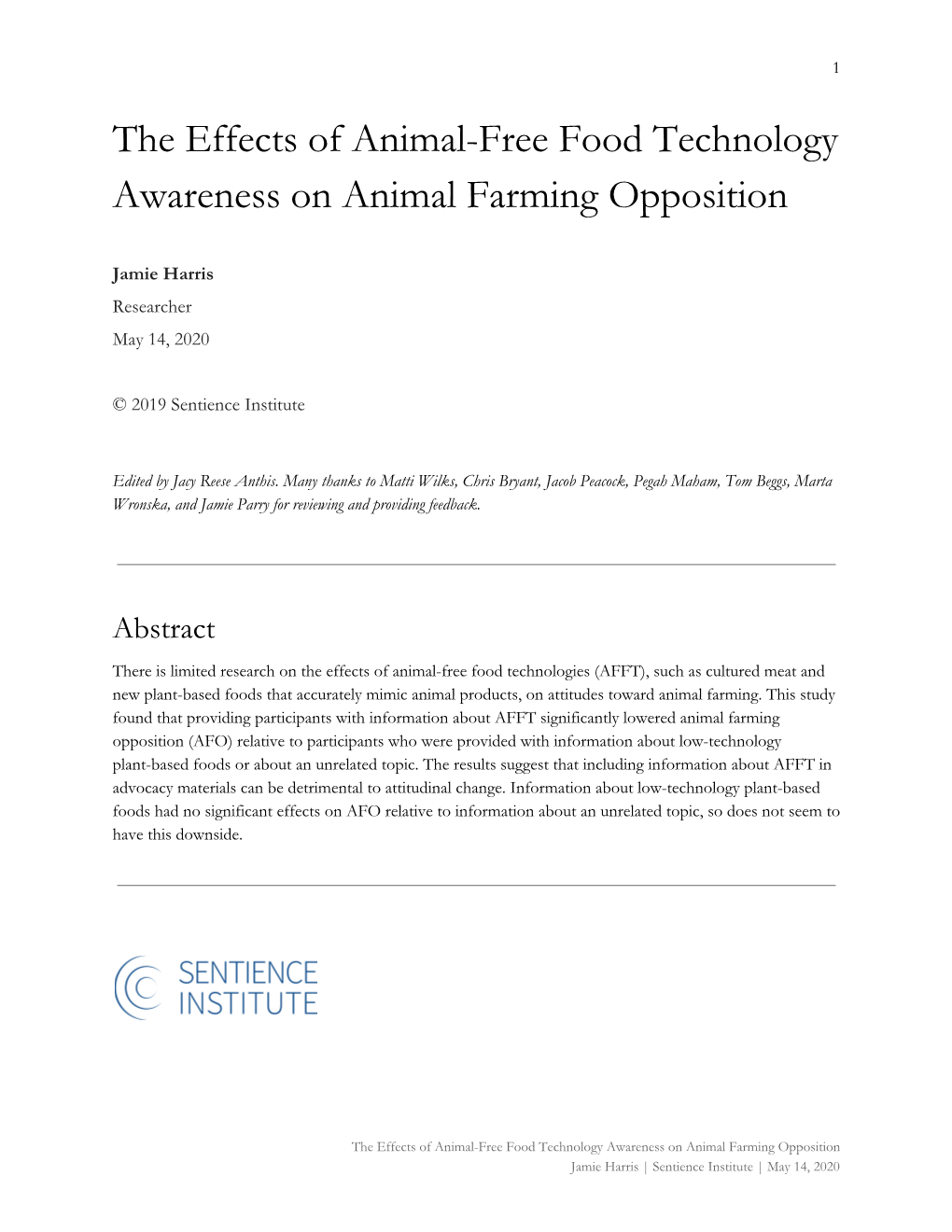 The Effects of Animal-Free Food Technology Awareness on Animal Farming Opposition