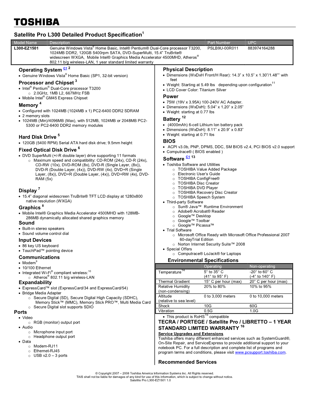 Satellite Pro L300 Detailed Product Specification1