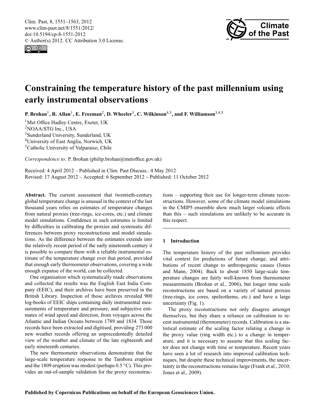 Constraining the Temperature History of the Past Millennium Using Early Instrumental Observations