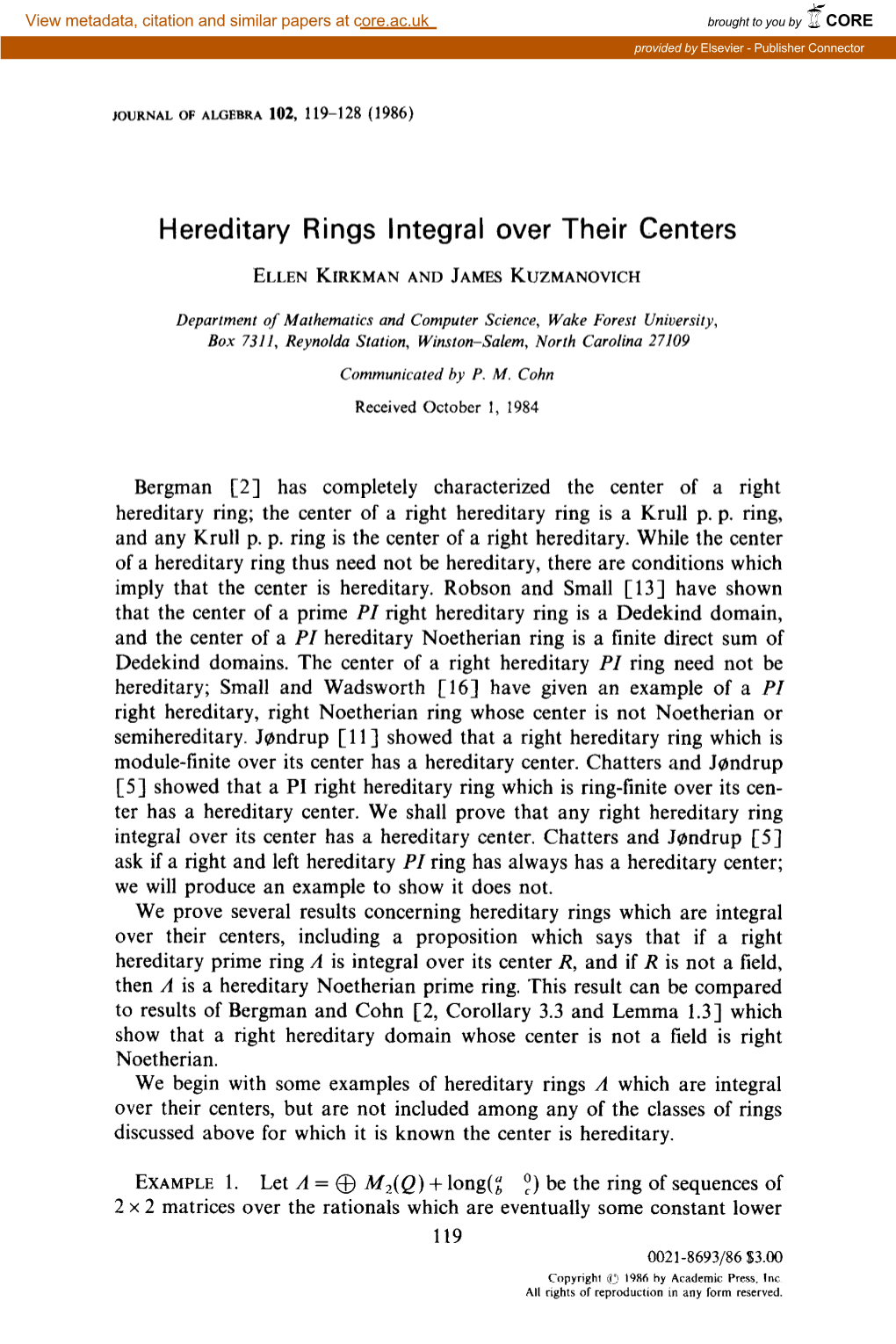 Hereditary Rings Integral Over Their Centers