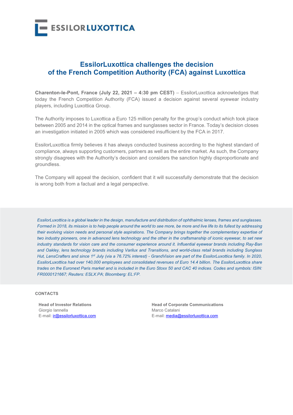 Essilorluxottica Challenges the Decision of the French Competition Authority (FCA) Against Luxottica