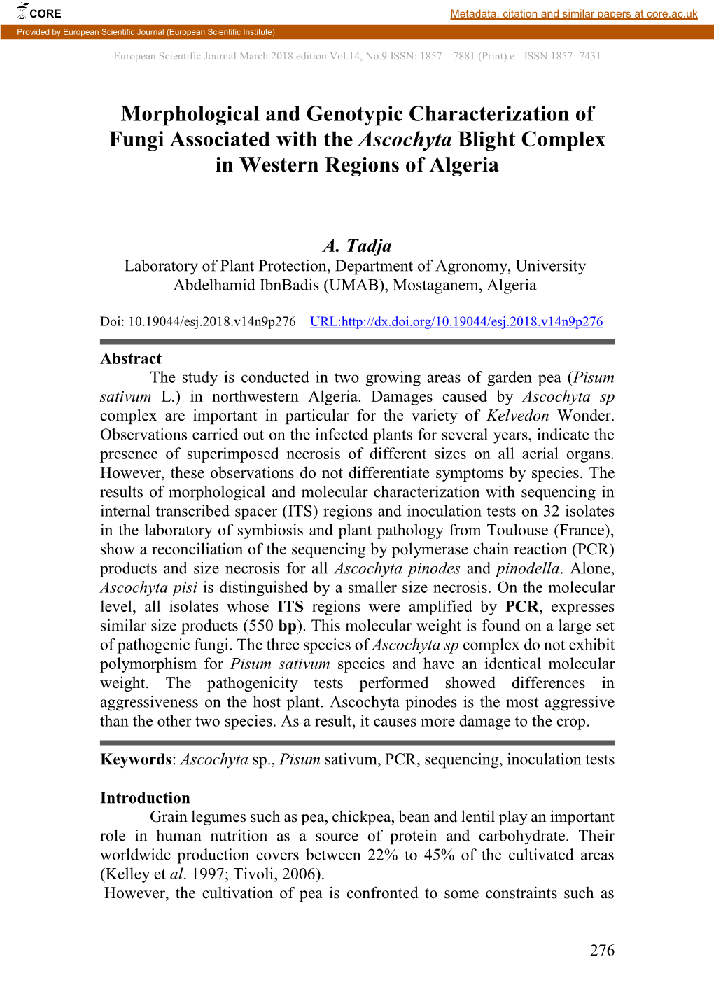 Morphological and Genotypic Characterization of Fungi Associated with the Ascochyta Blight Complex in Western Regions of Algeria