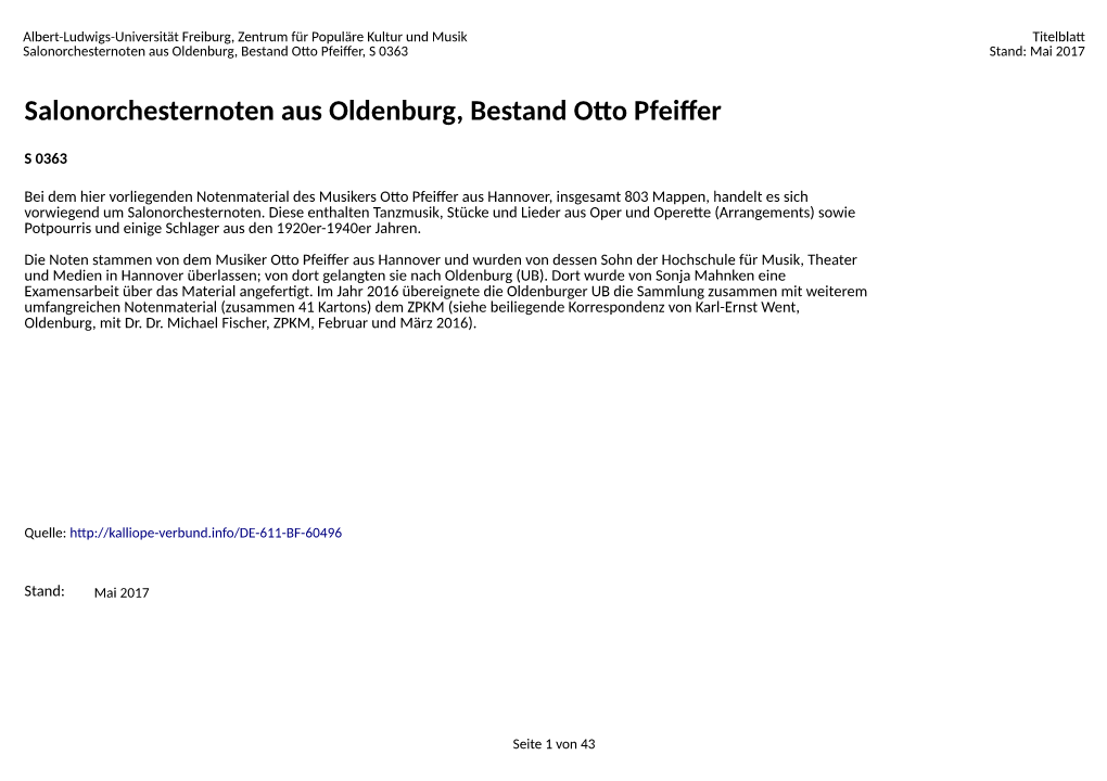 Salonorchesternoten Aus Oldenburg, Bestand Otto Pfeiffer, S 0363 Stand: Mai 2017