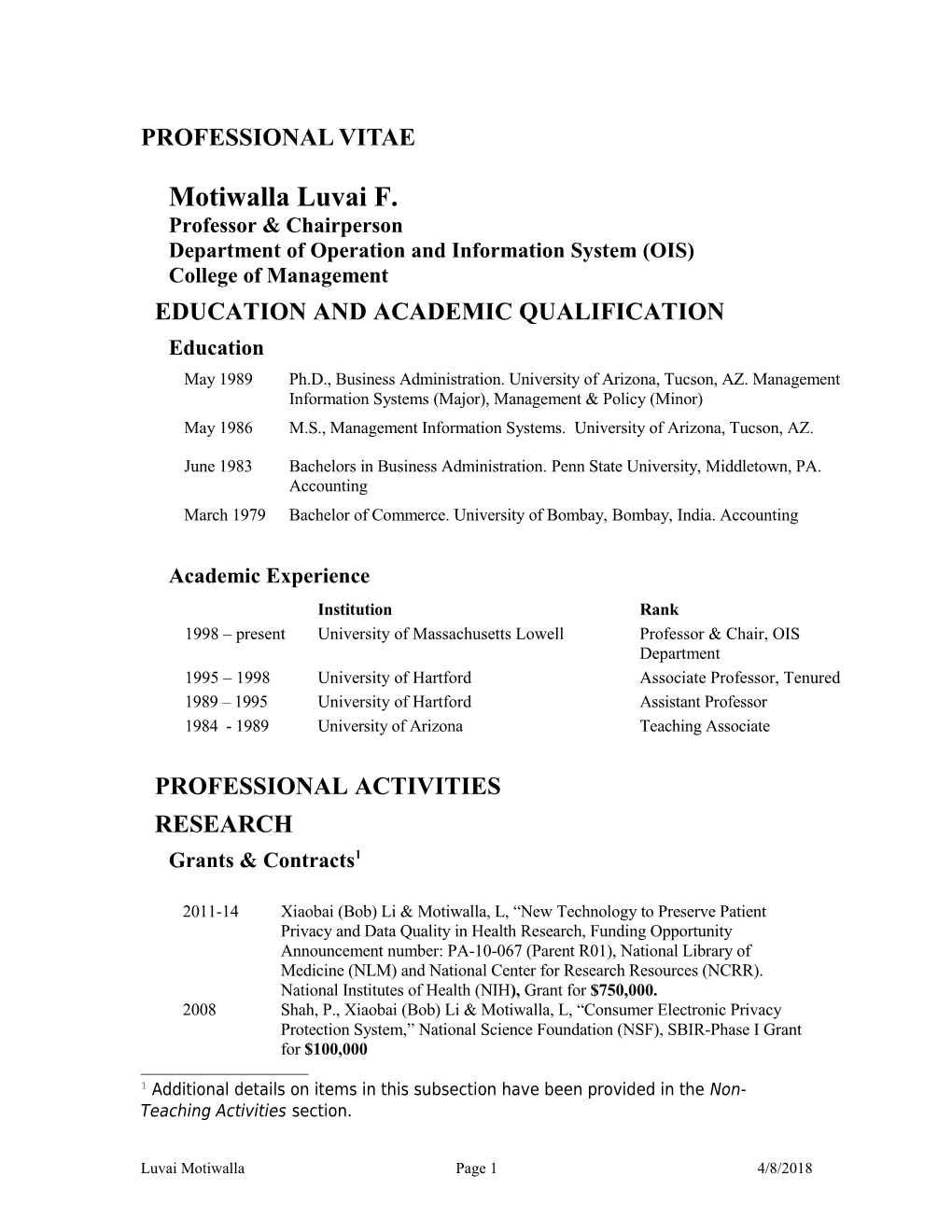 Comprehensive Professional Vitae (Form 6)