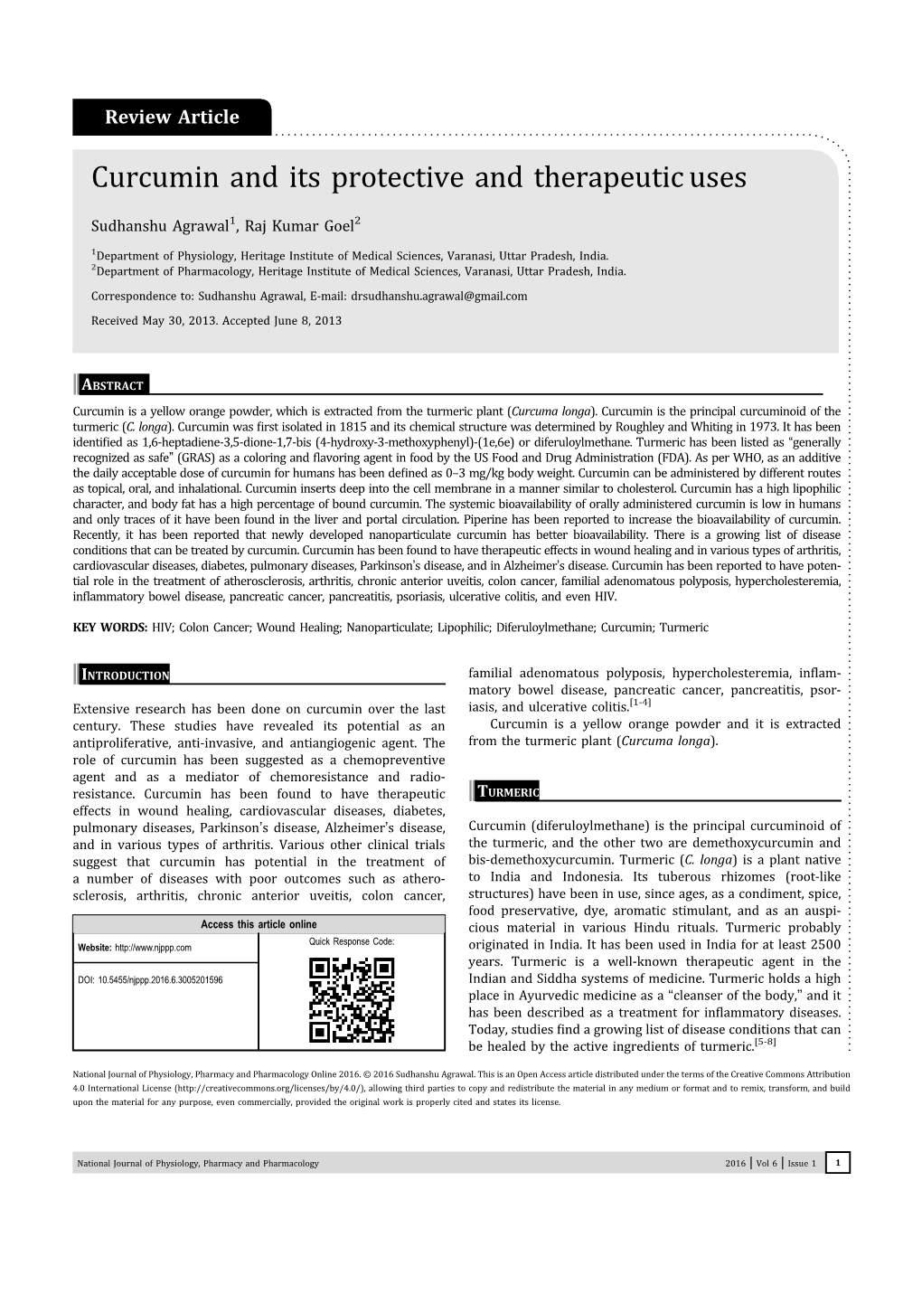 Curcumin and Its Protective and Therapeutic Uses