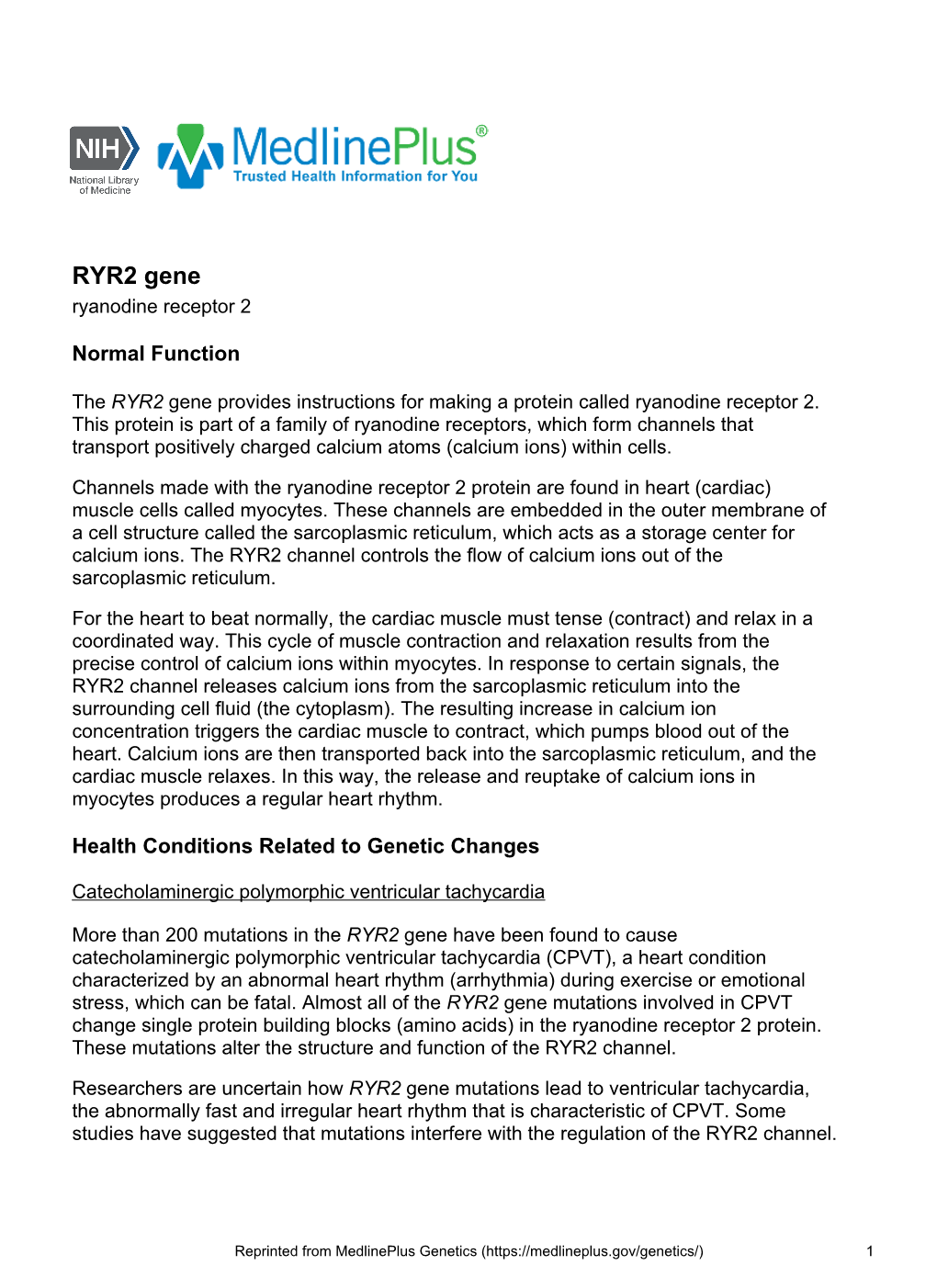 RYR2 Gene Ryanodine Receptor 2