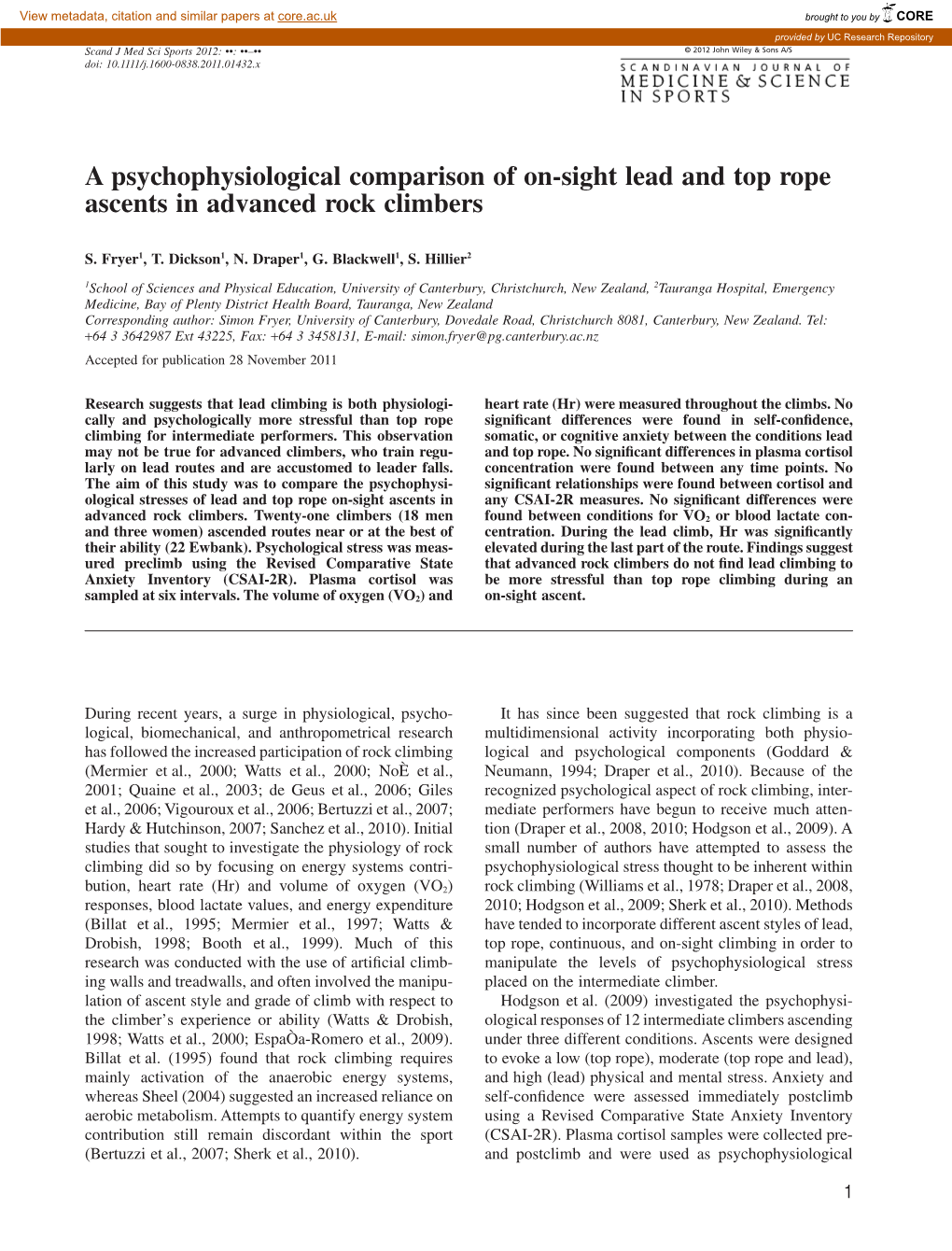 A Psychophysiological Comparison of Onsight Lead and Top Rope Ascents